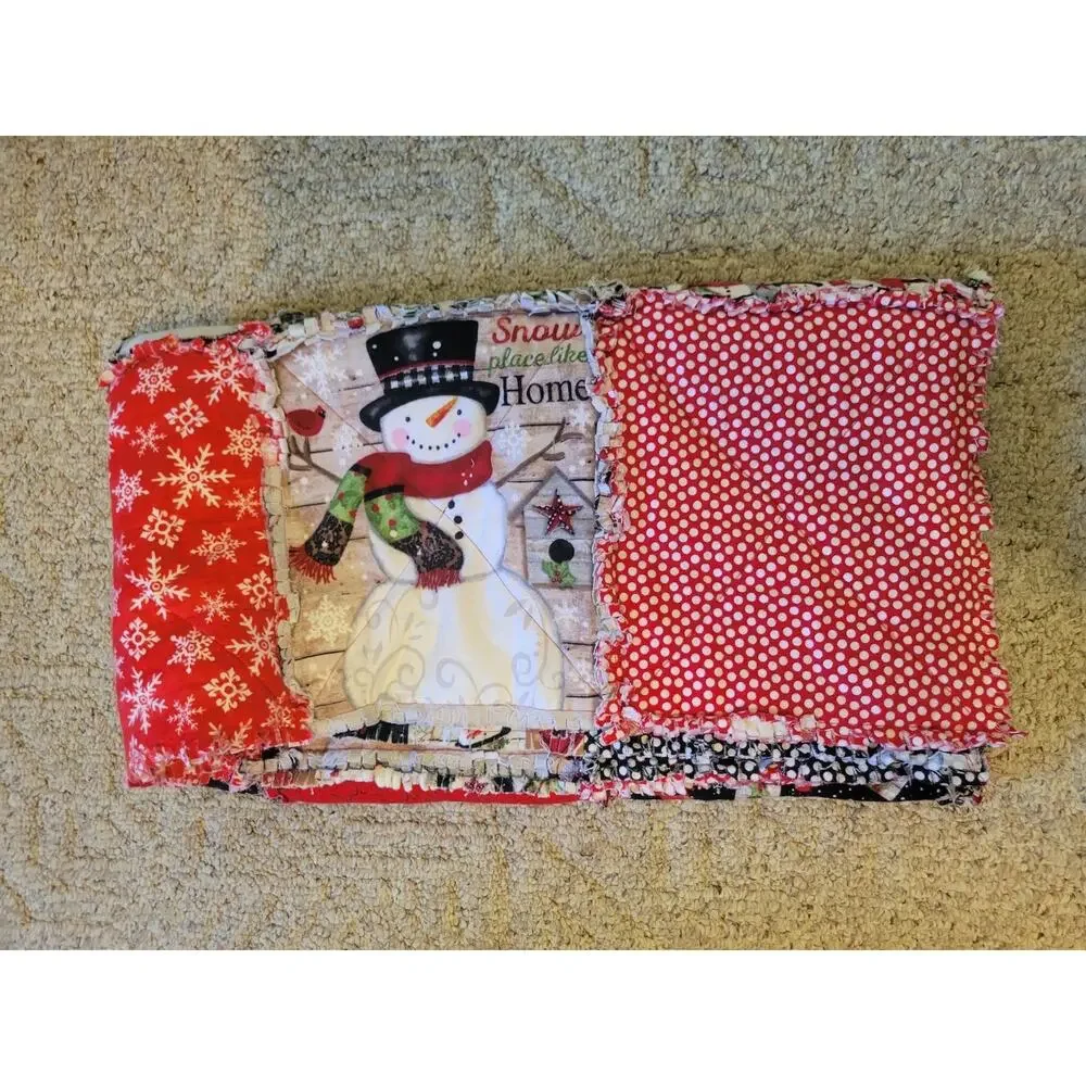 Handmade Snowman Rag Quilt Throw Farmhouse Christmas Holiday Blanket 43 x 48 in‎